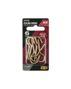 Ace Small Polished Brass Gold Brass 1.6875 in. L Ceiling Hook 15 lb 6 pk