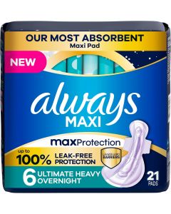 Always Maxi Overnight Feminine Pads with Wings for Women 21 Count, Bundle of 3